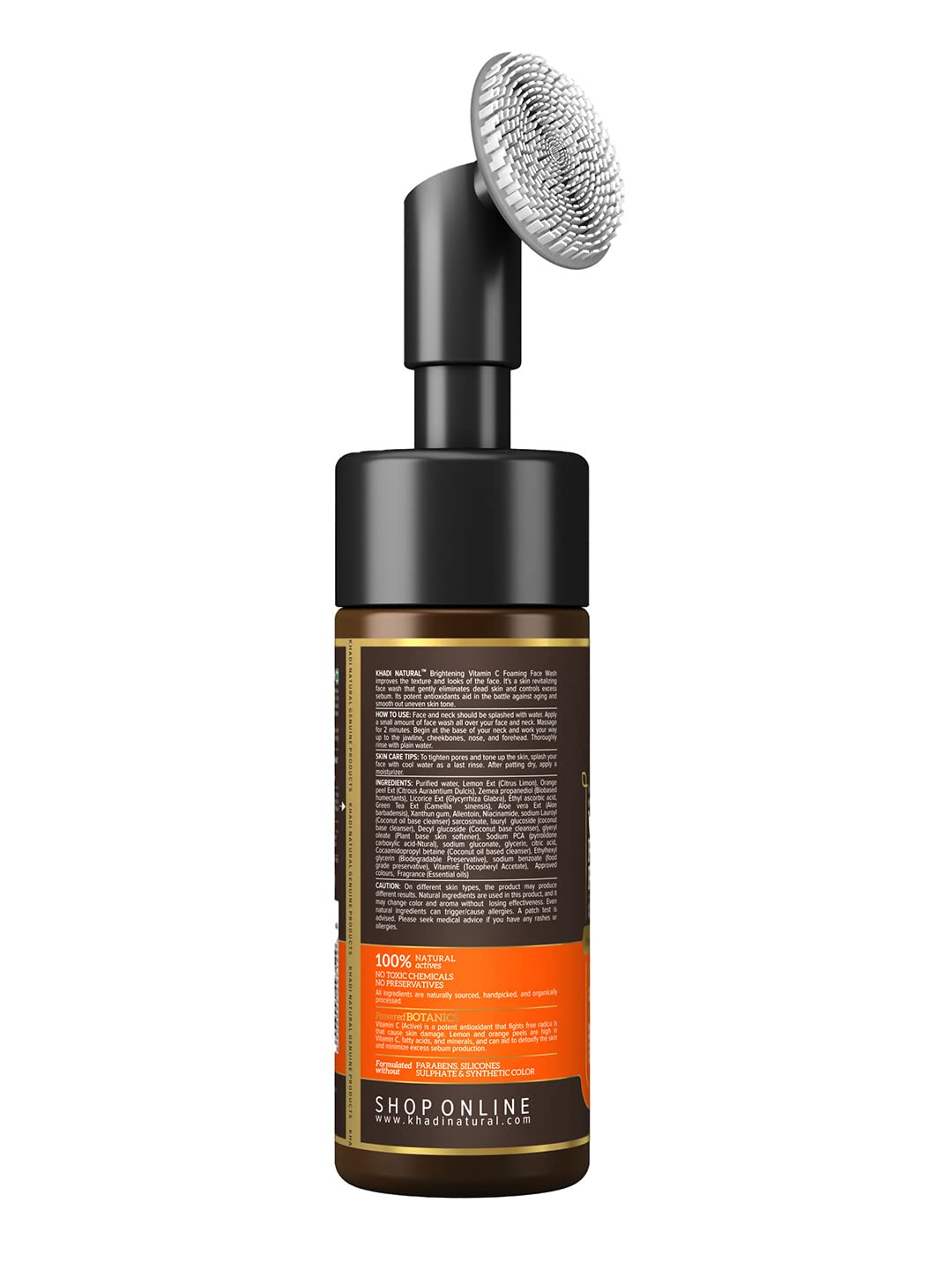 Khadi Natural Vitamin C Foaming Face Wash with In- Built Face Brush | Face Wash for Glowing Skin | Paraben, Silicone & Sulphate Free Shampoo | Suitable for All Skin Types | Powered Botanics| 150 ml