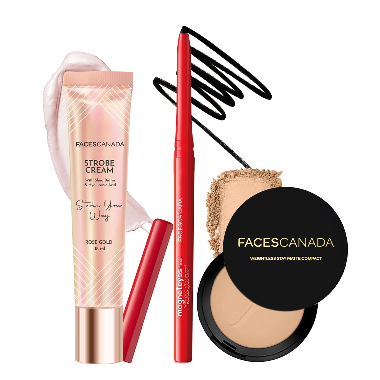 FACES CANADA Lumi Matte Shine Combo - Strobe Cream - Rose Gold (18 ml) + Magneteyes Kajal - Black (0.35 gm) + Weightless Stay Matte Compact Powder - Beige 03 (9 gm) | Flawless Glowy Finish | Hides Imperfections