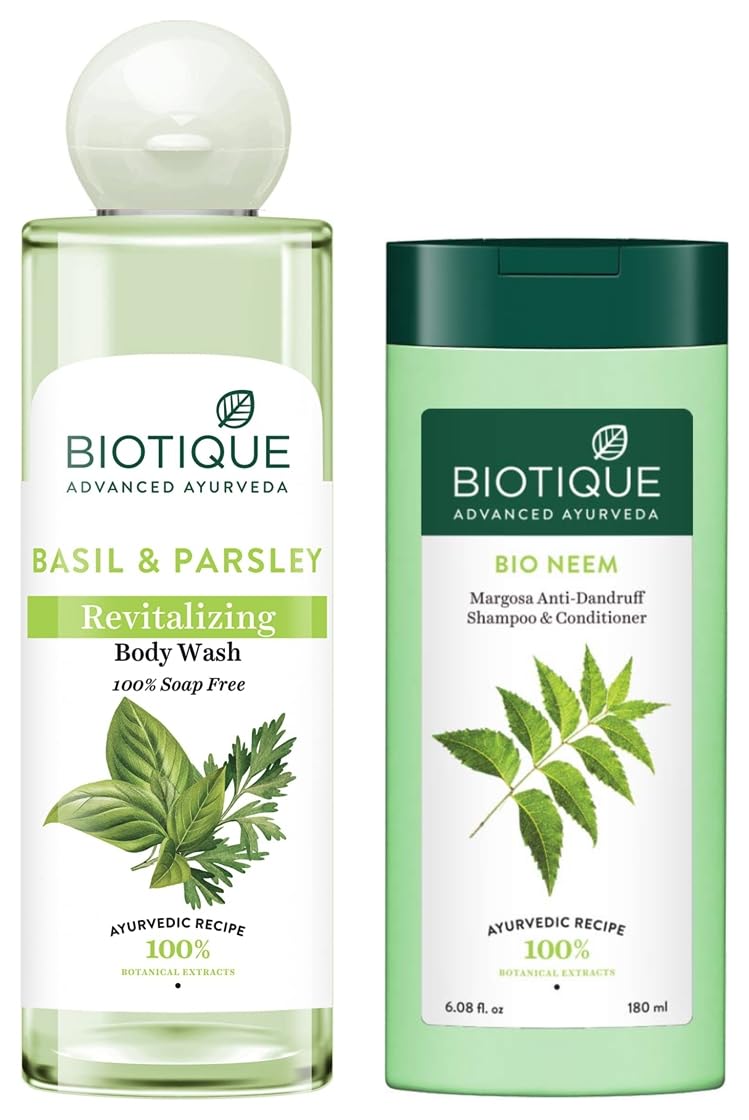 Biotique Bio Neem Margosa Anti Dandruff Shampoo and Conditioner, 180ml and Basil & Parsley Body Wash, Transparent, 200ml