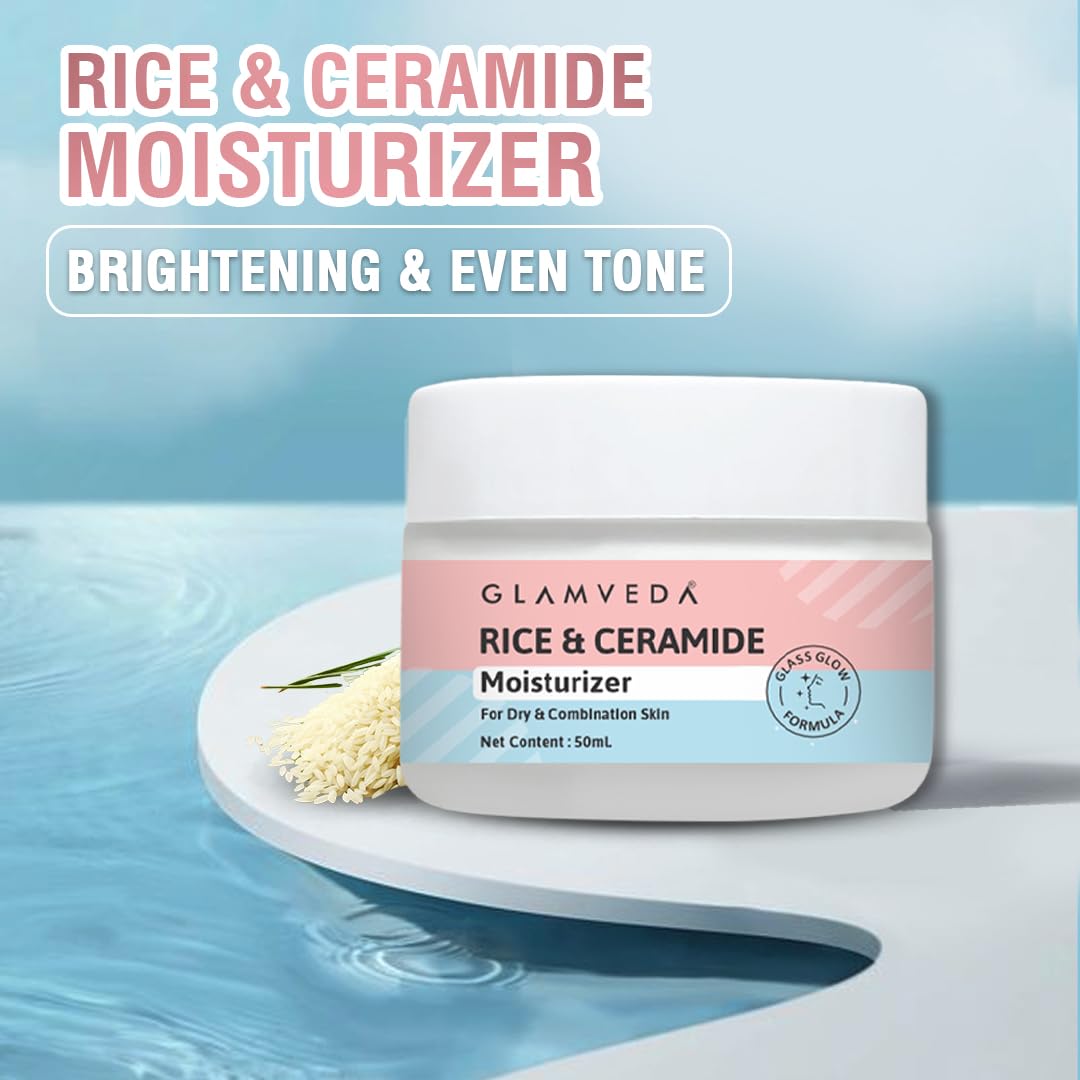 Glamveda Rice & Ceramide Moisturizer Skin Barrier Building & Nourishing | For Fine Lines Wrinkles, Age Spots & Hyperpigmentation | No Paraben, Sls | 50ml
