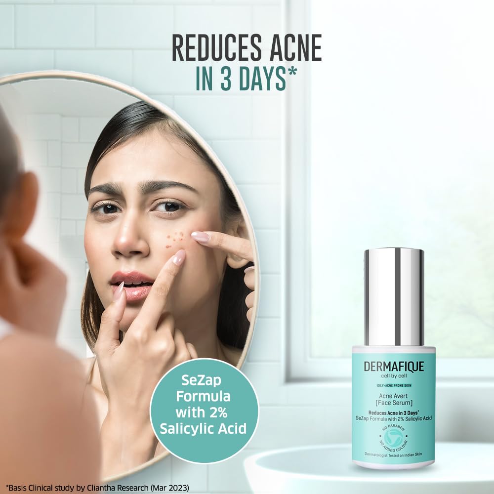 Dermafique Acne Avert Serum 30 ml, with 2% Salicylic Acid, Reduces Acne in 3 Days, for Oily-Acne Prone Skin