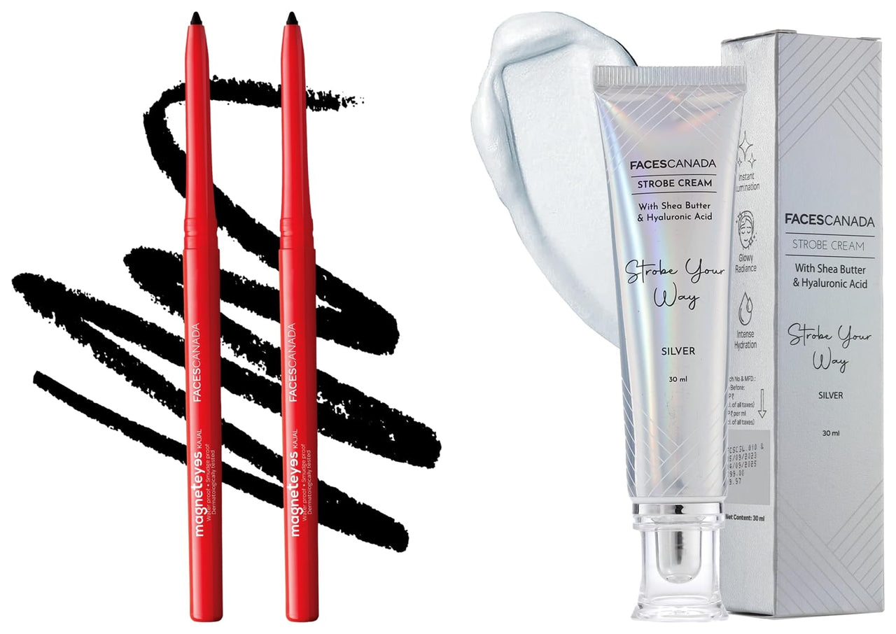 FACESCANADA Strobe Cream - Silver 30Ml And Facescanada Magneteyes Metallic Kajal Pencil - Black,0.35G (Pack Of 2)