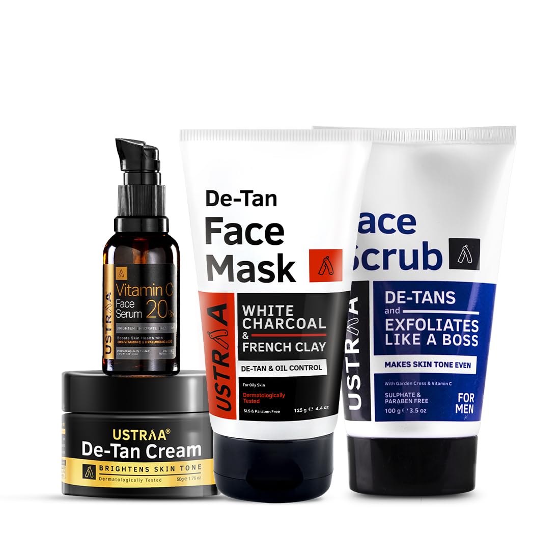 Ustraa Quick Action De-Tan Facial Kit for Men - Set of 4 | De-Tan Face Scrub - 100g | De-Tan Face Mask Oily Skin - 125g | 20% Vitamin C Face Serum - 30ml | De-Tan Cream - 50g | Effective Tan Removal