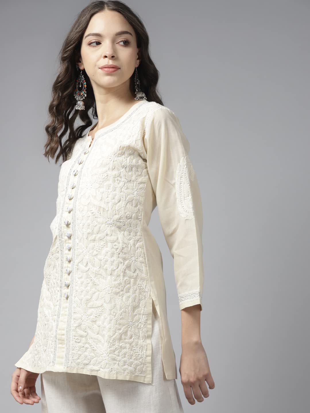Ada Women's  Hand Embroidered Lucknowi Chikankari Cotton Straight Short Top Kurti A178625