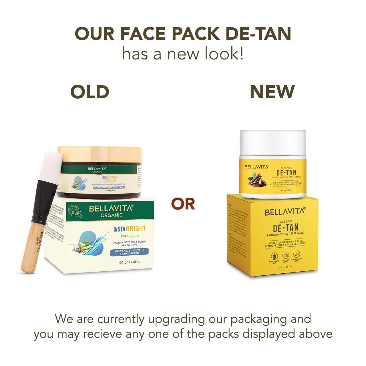 BELLAVITA De-Tan Face Pack | Enriched with Multani Mitti, Kaolin Clay, Yellow Clay & Sandalwood | Removes Tan, Brightens & Evens Skin Tone | For All Skin Types | Dermatologically Tested | 100 g