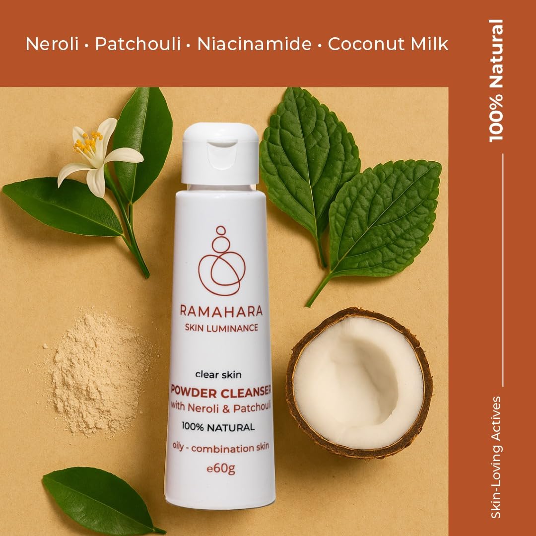 Ramahara Skin Luminance Clear Skin Powder Cleanser with Neroli & Patchouli 100% Natural Powder Face Wash, Skincare for Refreshed Face - Cleanses & Nourishes oily-combination skin, 60g