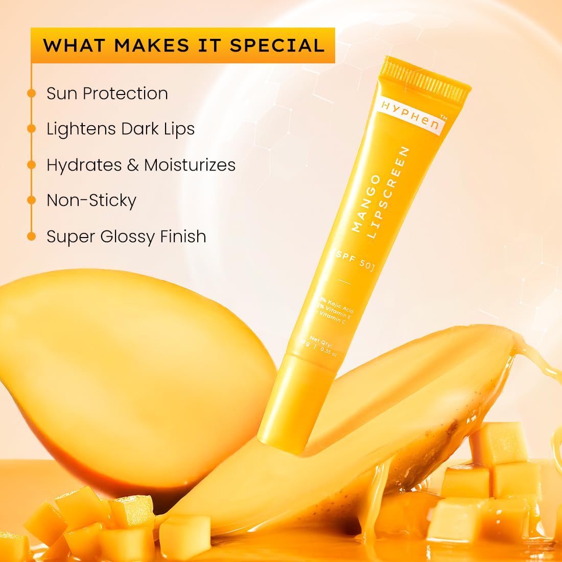 Hyphen Mango Lip Balm SPF 50 PA++++ | 2% Kojic Acid Brightening LipBalm for Dark & Pigmented Lips | 1% Vitamin E & Vitamin C | Moisturizing SPF LipBalm for Dry Lips - 10 g