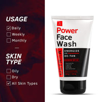 Ustraa Power Face Wash - 100g - Energize and De-Tan | Dermatologicallyl Tested | Effective Tan Removal | Removes Dead Skin, Brightens Skin, Refresh & Recharge, NO SLS, No Paraben