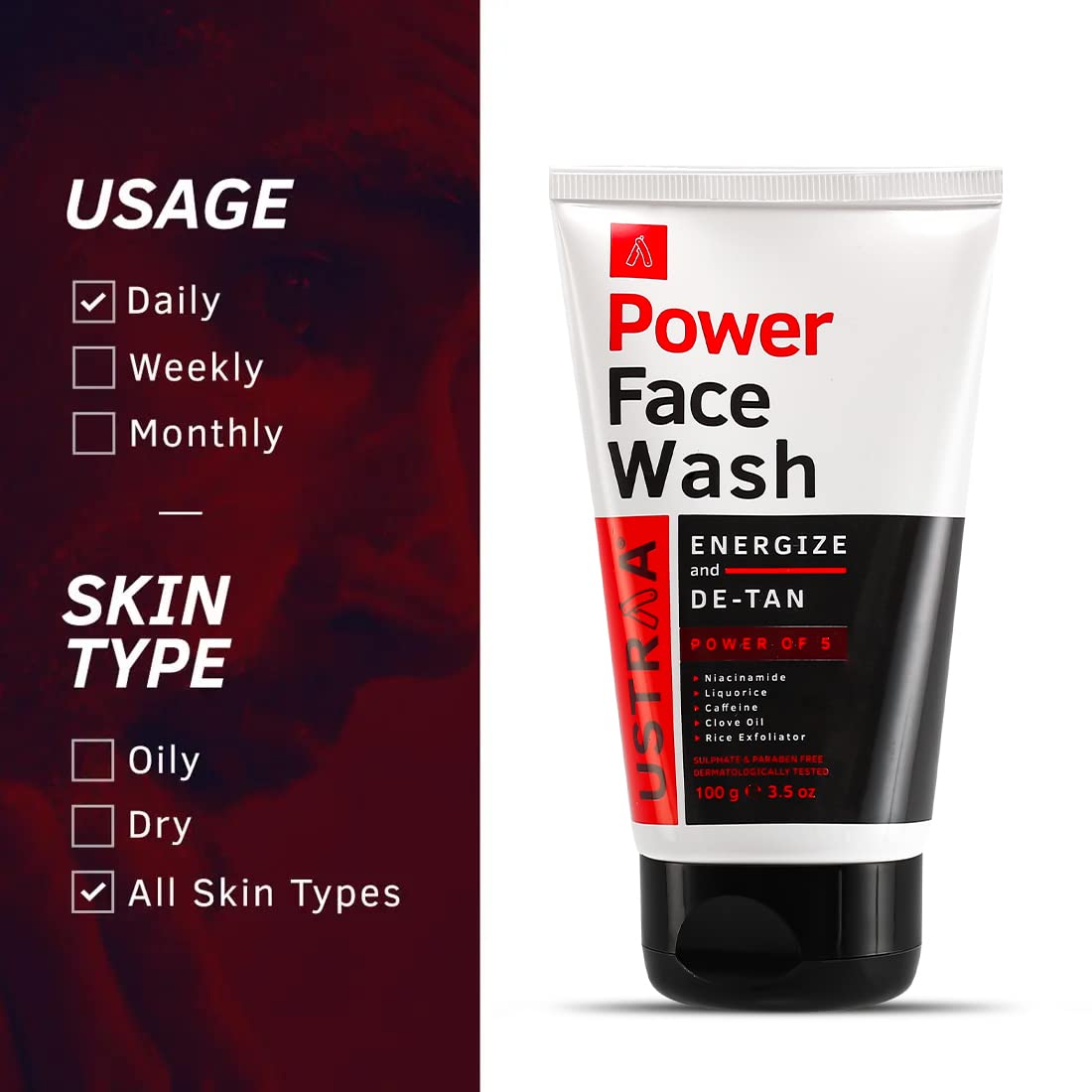 Ustraa Power Face Wash -100g - Energize & De-Tan | for Effective Tan Removal | Helps Brighten Skin & 20% Vitamin C Face Serum - 30ml | 20% Vitamin C in Pure form | Anti-Aging, Brightening