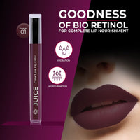 JUICE Matte Lipstick with Goodness of Bio Retinol, Moisturising lock technology, SPF 15 Waterproof & Long Lasting Chocolate Brown M01