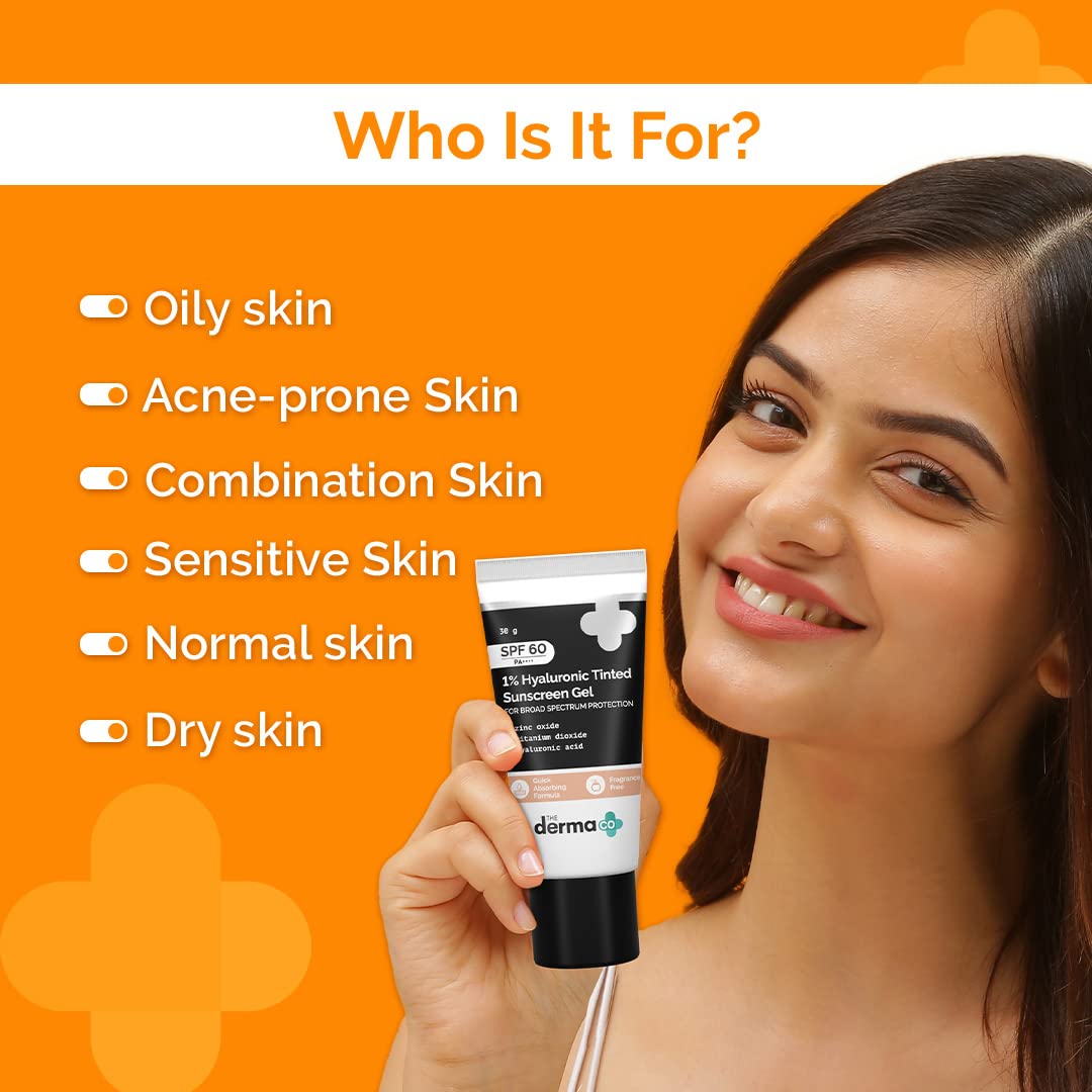 The Derma Co 1% Hyaluronic Tinted Sunscreen For All Skin Types Spf 60 Gel, Pa++++, No White Cast, Lightweight, Broad Spectrum Protection - 30G, Pack Of 1