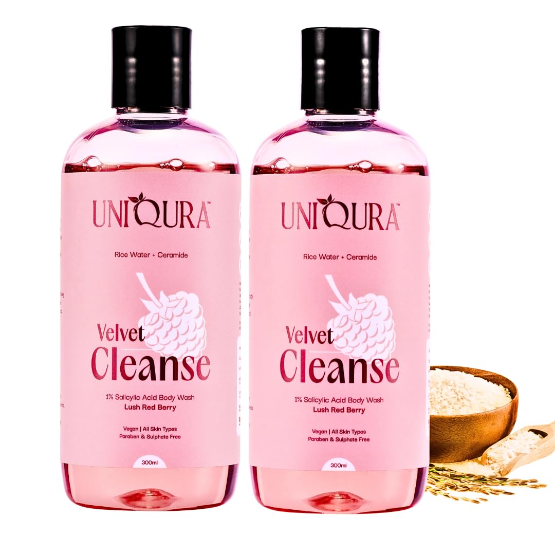 Uniqura 1% Salicylic Acid Body Wash Value Pack for Body Acne,Bumpy and Strawberry Skin,Helps To Cleanses and Smoothens Uneven Texture,Prevents Dry & Rough Skin, Shower Gel For Men & Women (300ml Each)