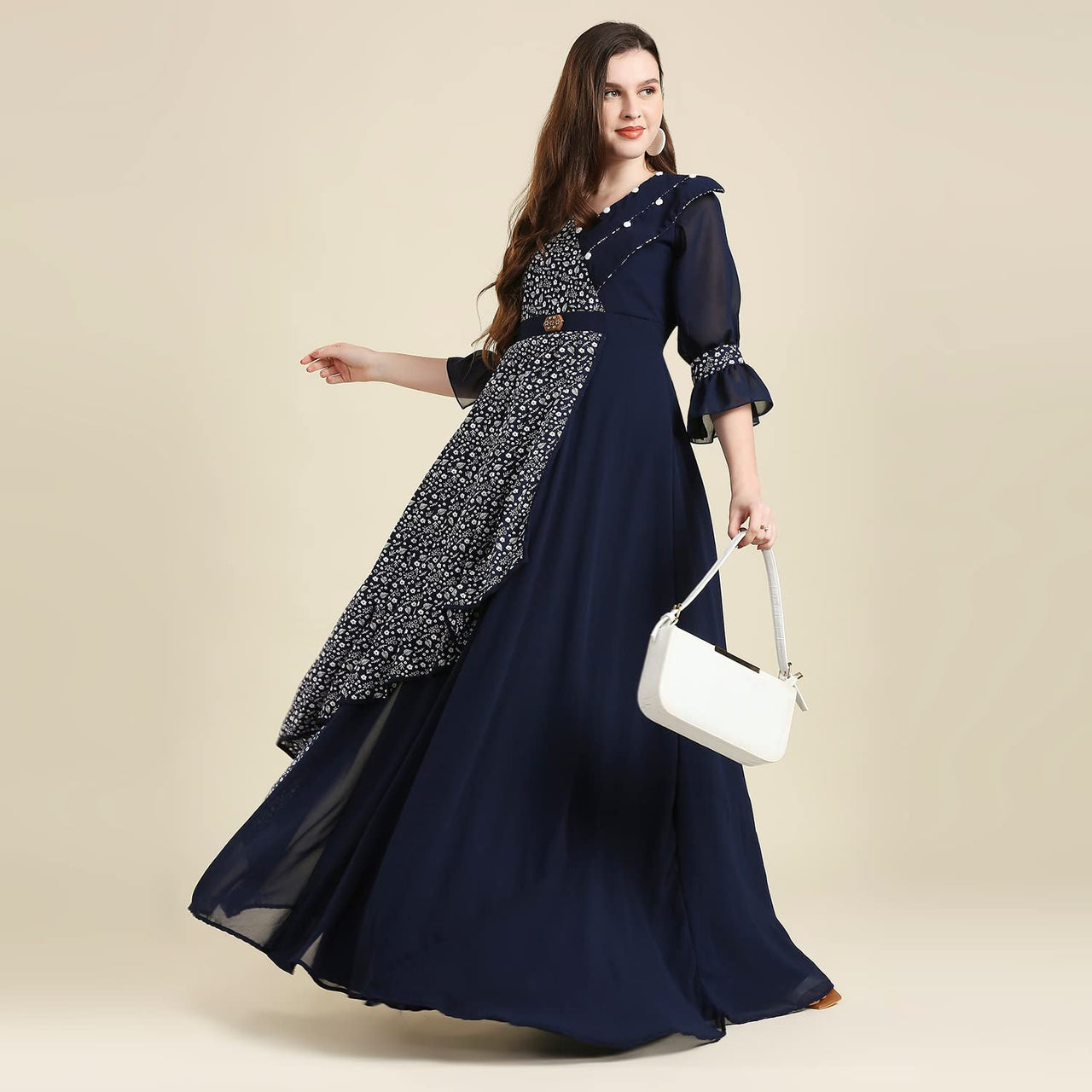 madhuram Women and Girls Fox Georgette and Printed V-Neck 3/4 Sleeve Anarkali Gown Stylish Kurta for Women (M-2345)