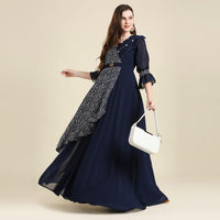 madhuram Women and Girls Fox Georgette and Printed V-Neck 3/4 Sleeve Anarkali Gown Stylish Kurta for Women (M-2345)