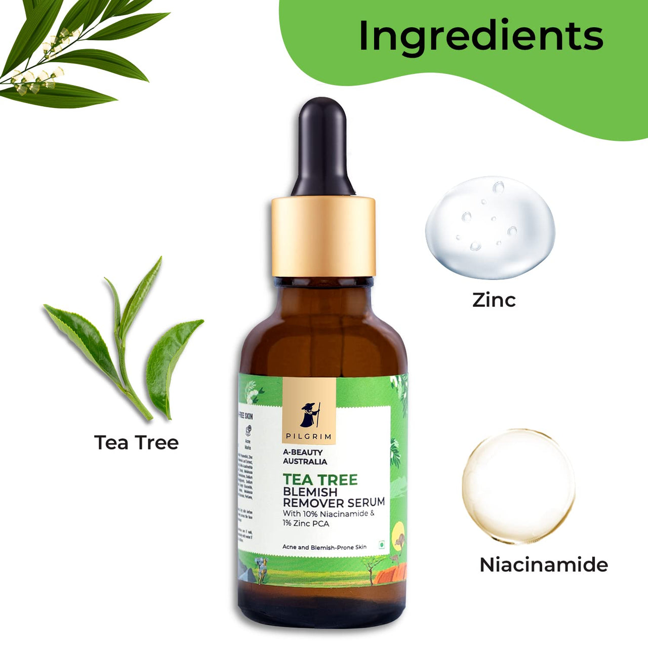 Pilgrim Tea Tree Anti-Acne Combo | Tea Tree & 1% Salicylic acid Foaming Face wash with brush 120ml, Tea Tree 10% Niacinamide Blemish Remover Serum 30ml | Acne and Blemish-Prone Skin | for Women & Men