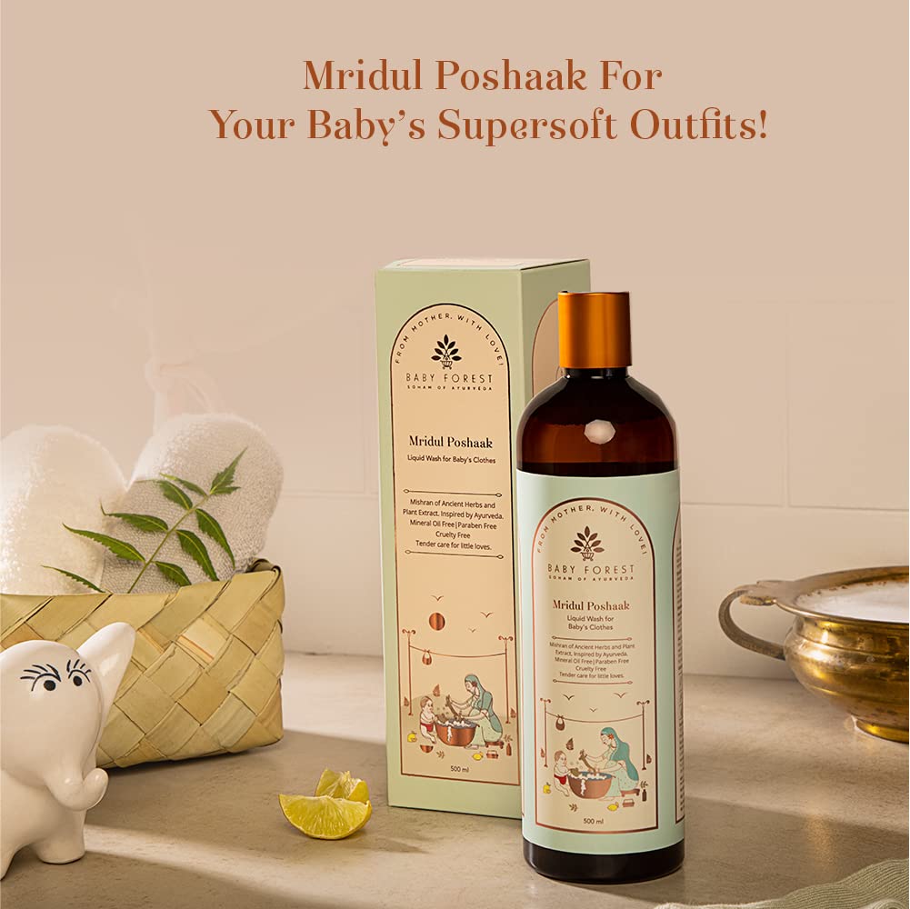 Baby Forest Mridul Poshaak Liquid Wash for Baby Clothes- 500 ml With Herbs & Plant extracts, Mineral Oil-free and Bleach-free formulations, Natural Neem Antiseptic and Antibacterial agent
