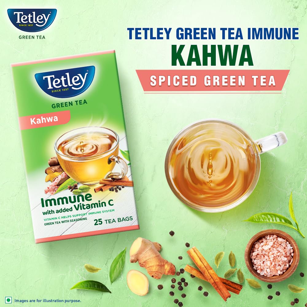 Tetley Green Tea Immune Kahwa with Pink Salt, Ginger, Cardamom (Spiced green tea) with added Vitamin C, 25 Tea Bags