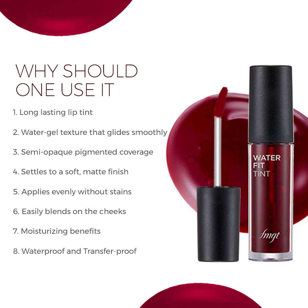 The Face Shop Water Fit Lip Tint Cherry Kiss, 5gm | Multipurpose 3-in-1 Lip Tint | Hydrating, Transfer proof, Long Lasting, Non greasy, Matte Finish