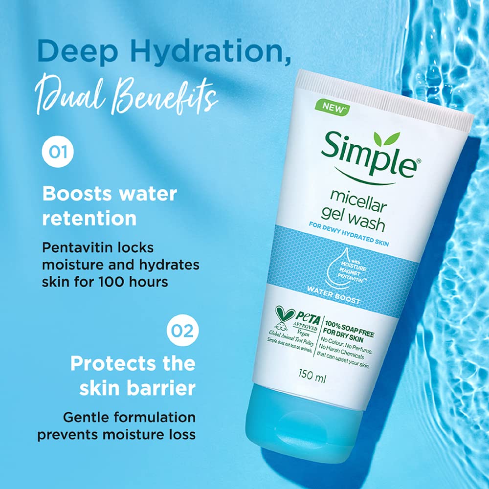 Simple Water Boost Micellar Face Wash 150ml for normal to dry skin | 100% soap-free gentle cleanser for women & men