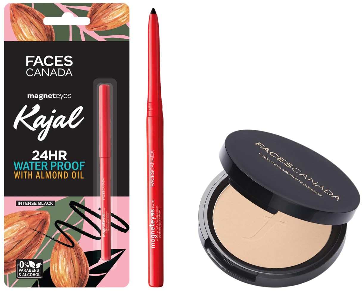 Faces Canada Weightless Stay Matte Compact Vitamin E & Shea Butter, Spf-20 Ivory 01, 9 g and Faces Magnet Eyes Kajal, 0.35g