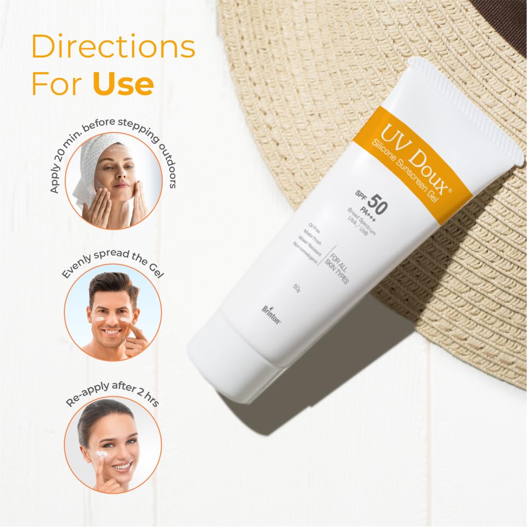Brinton UV Doux Silicone Sunscreen Gel with SPF 50&PA+++ Broad Spectrum for Face & Body with No White Cast|Non Comedogenic,Paraben Free,Water Resistant|Clinically Proven & Dermatologist Approved,50gm