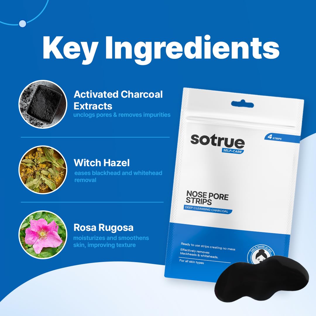 Sotrue Charcoal Nose Pore Deep Cleansing Strips | For Blackheads and Whiteheads Removal | Aloe vera Extract, Activated Charcoal | Pack of 4 Nose Strips