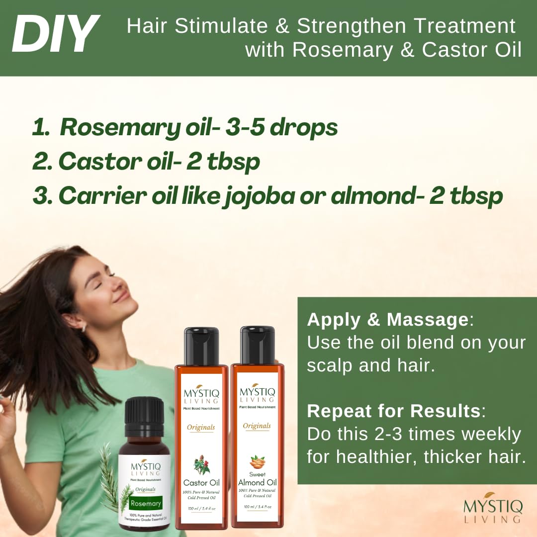 Mystiq Living Rosemary Essential Oil & Castor Oil for Hair Growth, Hydrating & Moisturising for Face & Skin | 100% Pure and Natural (100ml+15ml)