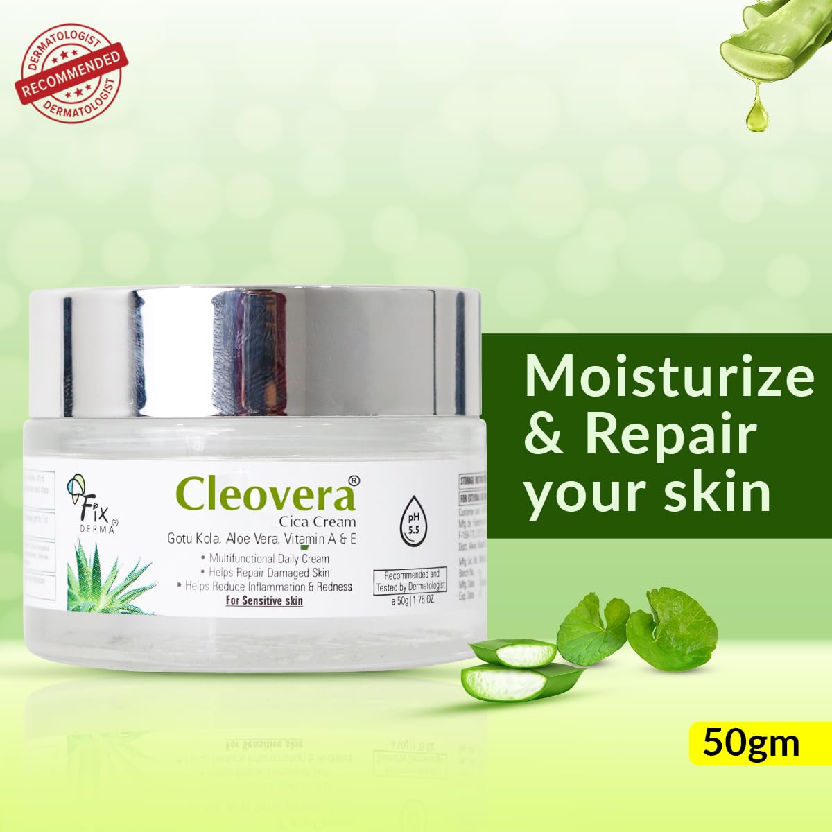 Fixderma Cleovera Cica Cream for Face with Gotu Kola, Aloevera, Vitamin A & E | Damage Skin Repair Face Cream | Suitable for Sensitive, Dry & Damaged Skin - 50g