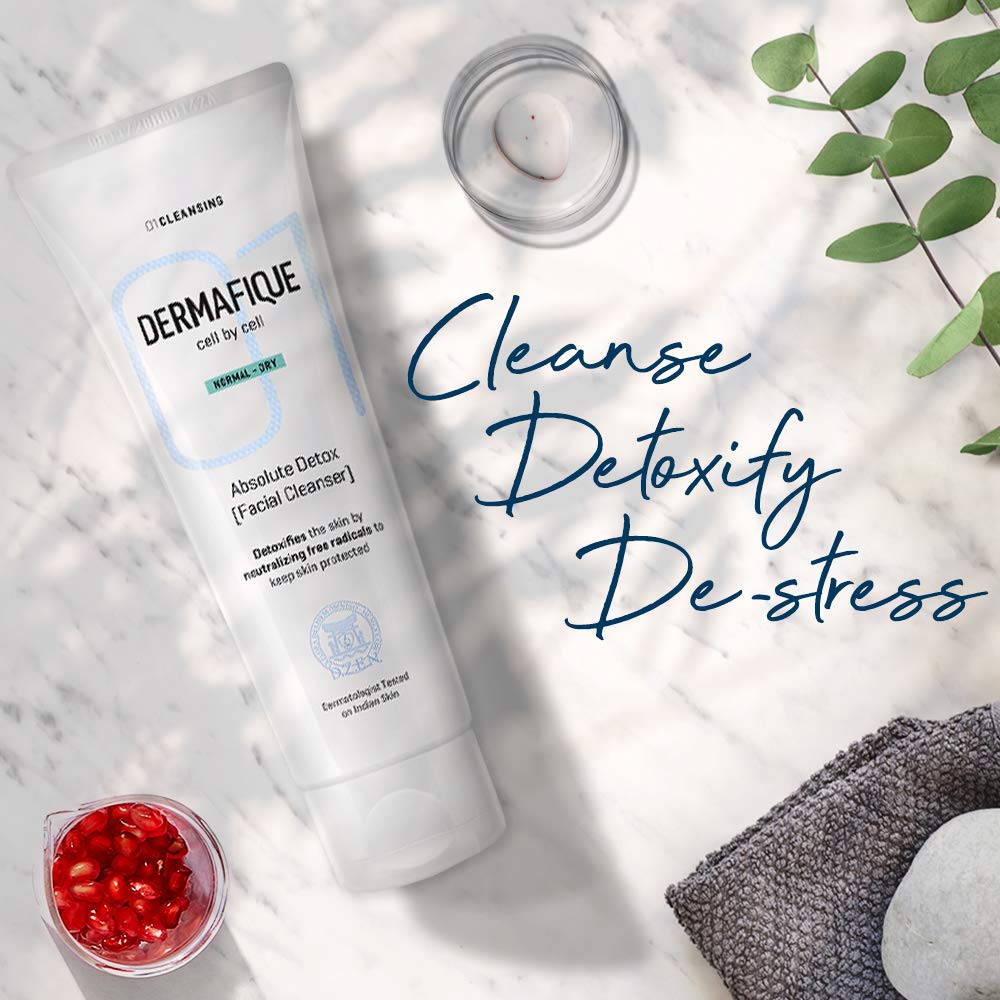 Dermafique Absolute Detox Facial Cleanser – 100ml, with Bio-Active Cellulose Beads, Face Wash Enriched with Vitamin E & Pomegranate Extracts | Soap, Paraben & Alcohol Free | Dermatologist Tested Face Cleanser