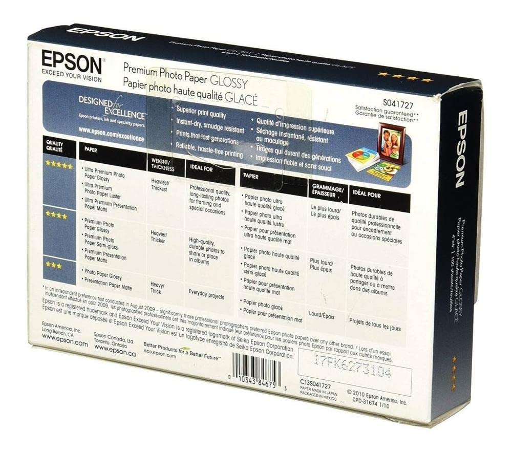 Epson S041727 Premium Photo Paper, 68 lbs., High-Gloss, 4 x 6 (Pack of 100 Sheets),White 4x6 Inches
