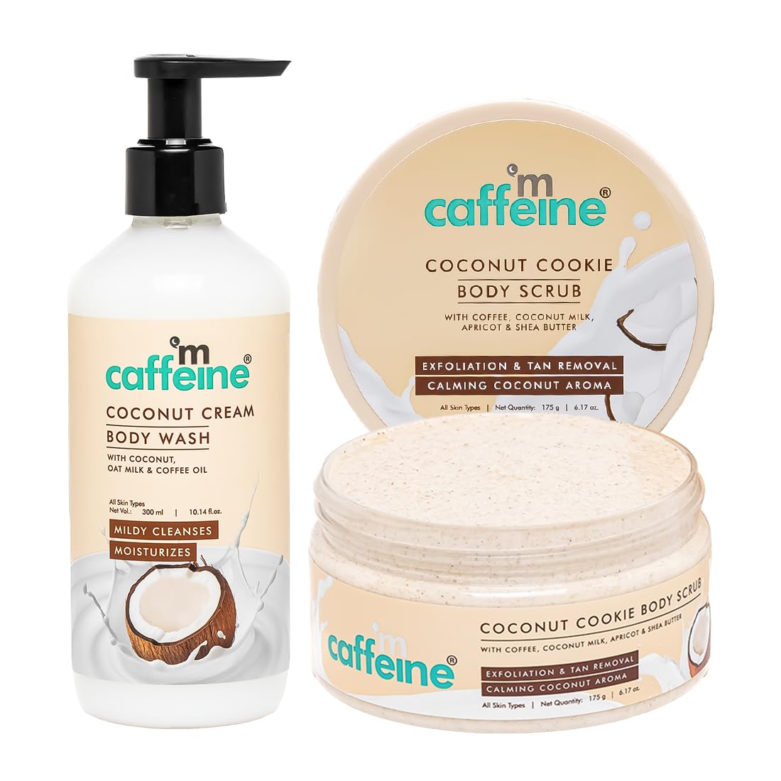 mCaffeine Tropical Coconut Cleanse & Detan Set for Glowing Skin| Mildly Cleanses, Exfoliates, Removes Tan| Coconut Body Wash - 300ml & Coconut Body Scrub - 175 g| Calming Coconut Aroma for Men & Women