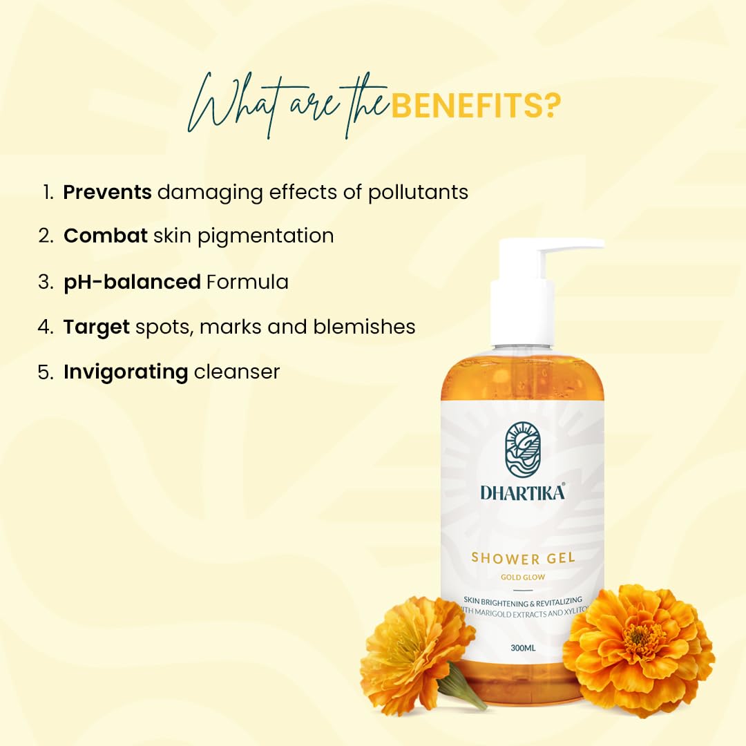 Dhartika Gold Glow Shower Gel - Target Spots & Blemishes, Combat Pigmentation, pH-Balanced Formula, Revitalizing Body Wash (GOLD)