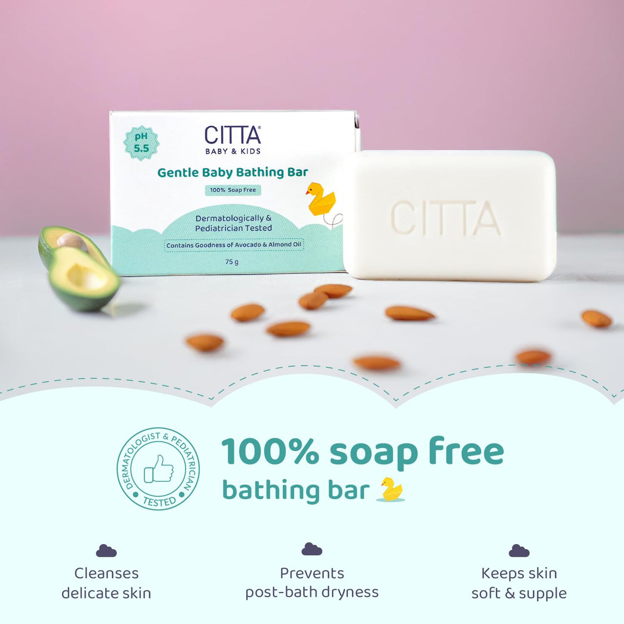 CITTA Gentle Baby Bathing Bar for Sensitive Skin | Newborn & Kids | Cleansing & Moisturizing | 100% Soap Free, Tear-Free,75 gm