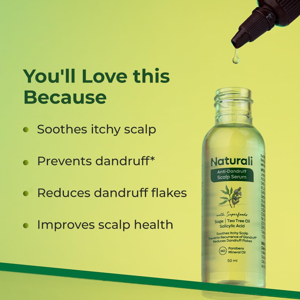 Naturali Anti-Dandruff Scalp Serum With Sage, Tea Tree Oil & Salicylic Acid | Reduces Dandruff Flakes | Prevents Recurrence of Dandruff | Soothes Itchy Scalp | Paraben-free | Best Anti-dandruff Serum | 50ml