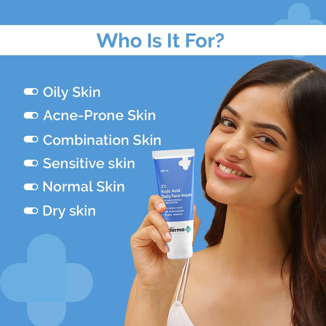 The Derma Co 1% Kojic Acid Face Wash | With Niacinamide & Alpha Arbutin | Reduces Dark Spots, Pigmentation & Blemishes | Cleanses & Brightens Skin | Non-Drying Formula | For All Skin Types | 100 ml