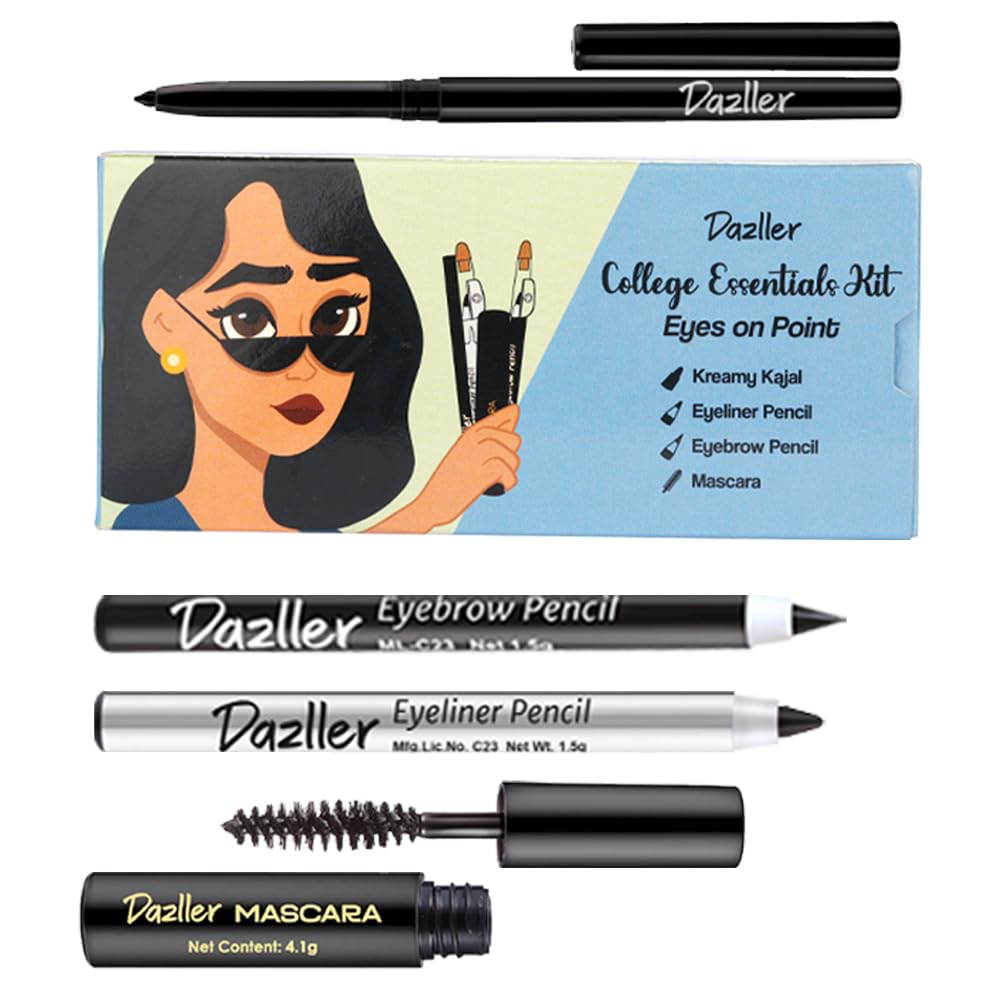 Dazller College Makeup Essentials 4 - Eyes on Point|Kajal|Mascara|Eyeliner|Eyebrow|Water-Resistant|Smudge-proof|Starter Makeup Kit for Women|7.45g
