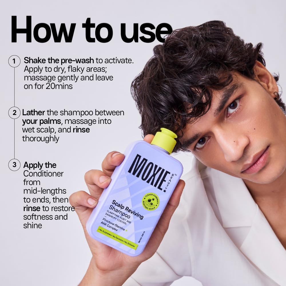 Moxie Beauty Scalp Essentials Trio | Dandruff Detox, Clarifying Cleanse & Hydration Boost | Glycolic, Lactic & Salicylic Acid + Piroctone Olamine + Cocoa Butter & Biotin | Clears Dandruff & Soothes Scalp | Paraben, Sulphate & Silicone-Free | Pre-Wash (100