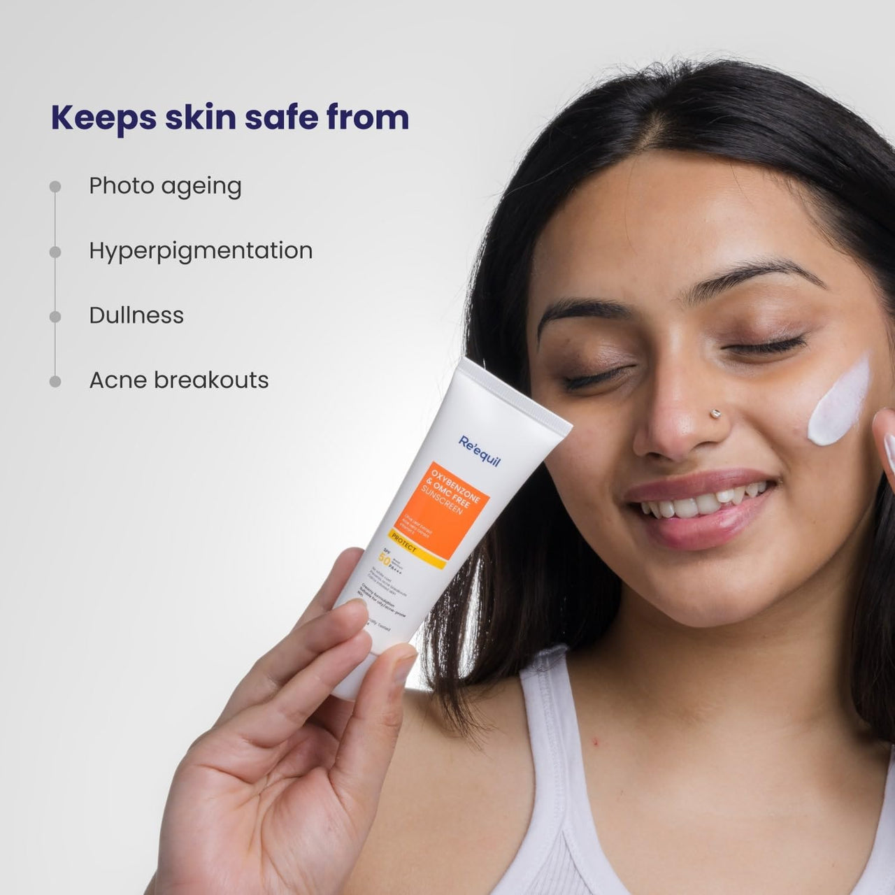 RE' EQUIL Oxybenzone and OMC Free Sunscreen For Oily, Sensitive & Acne Prone Skin | Prevents Acne Breakouts | No White Cast | SPF 50 PA+++ | 50g