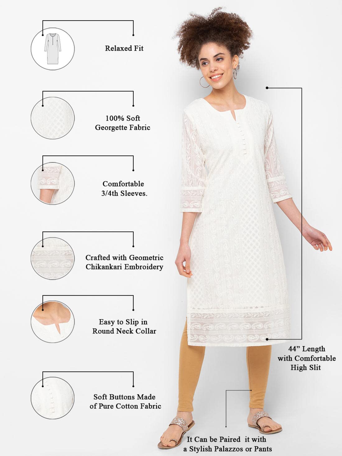 ZOLA Exclusive Georgette Round Neck with Full Sleeves and Calf Length Luckhnowi Chikan Kari Kurta with Button Placket on Yolk Ethnic Wear Straight Kurta for Women Pack of 1