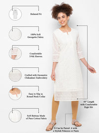 ZOLA Exclusive Georgette Round Neck with Full Sleeves and Calf Length Luckhnowi Chikan Kari Kurta with Button Placket on Yolk Ethnic Wear Straight Kurta for Women Pack of 1