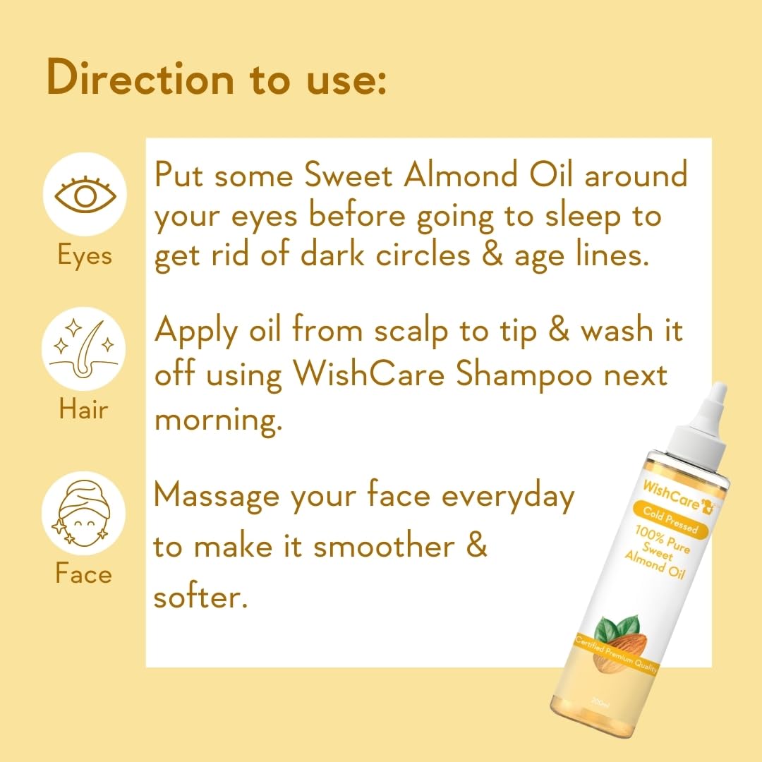 WishCare® Pure Cold Pressed Sweet Almond Oil for Hair Growth and Glowing Skin & Face - 200ml