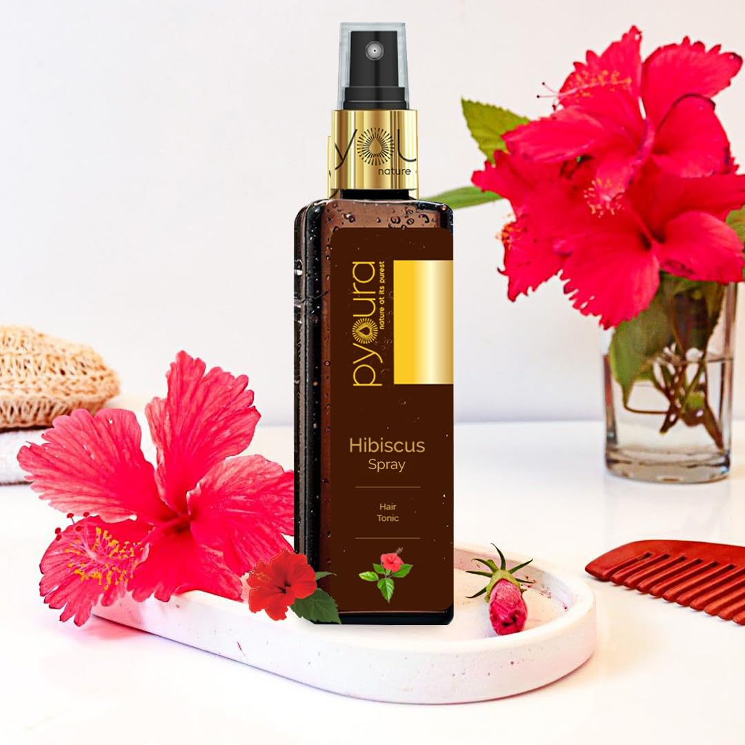 PYOURA Hibiscus Hair Mist Spray 100ml for Itchy Dry Scalp & Dandruff| Non Oily Heat protection Hair Mist Tonic Supports Hair Growth| Hair Serum Toner for Conditioning and Prevents Split Ends