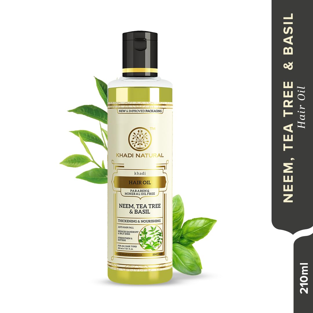 Khadi Natural Neem, Teatree and Basil Herbal Hair Oil, Paraben Mineral Oil Free| Unique non-greasy hair formula| Boosts hair growth and overall hair health| Suitable for All Hair Types| 210ml