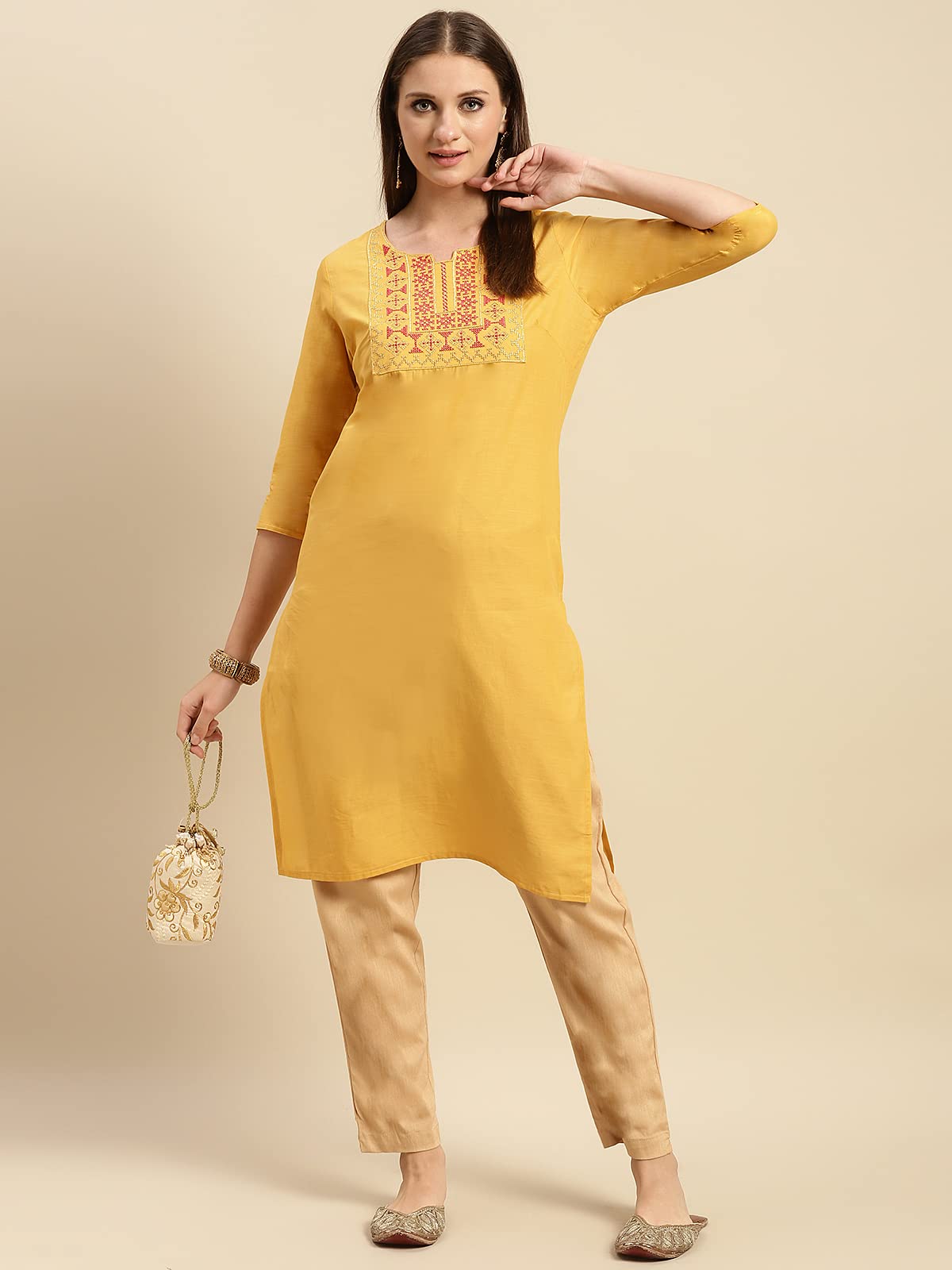 rangita Women 100% Cotton Yoke Zari Embroidered Knee Length Straight Kurti