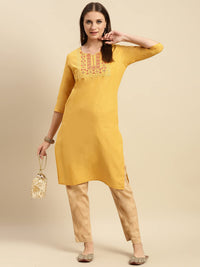 rangita Women 100% Cotton Yoke Zari Embroidered Knee Length Straight Kurti