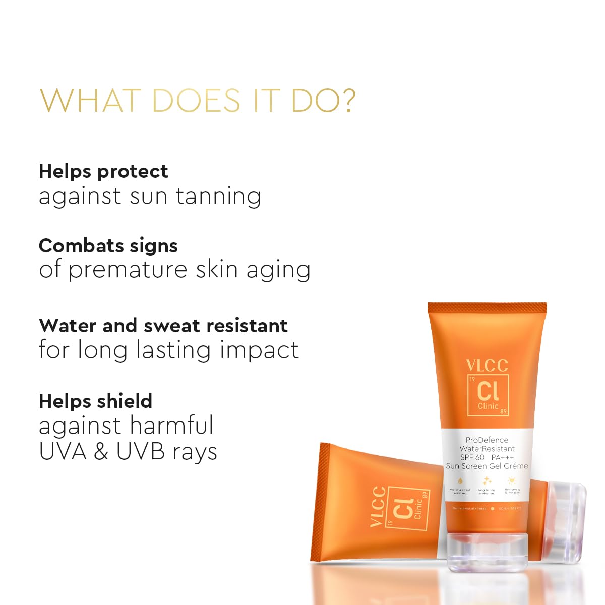 VLCC Clinic ProDefence Water Resistant SPF 60 PA+++ Sun Screen Gel Crème - 100g | Dermatologically Tested Sunscreen | Water and Sweat Resistant | Protects from Sun Damage | Waterproof Sunscreen
