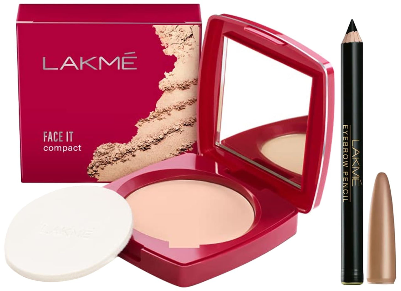 Lakmé Face It Compact, Pearl, 9 g & Lakmé Eyebrow Pencil, Black, 1.2g
