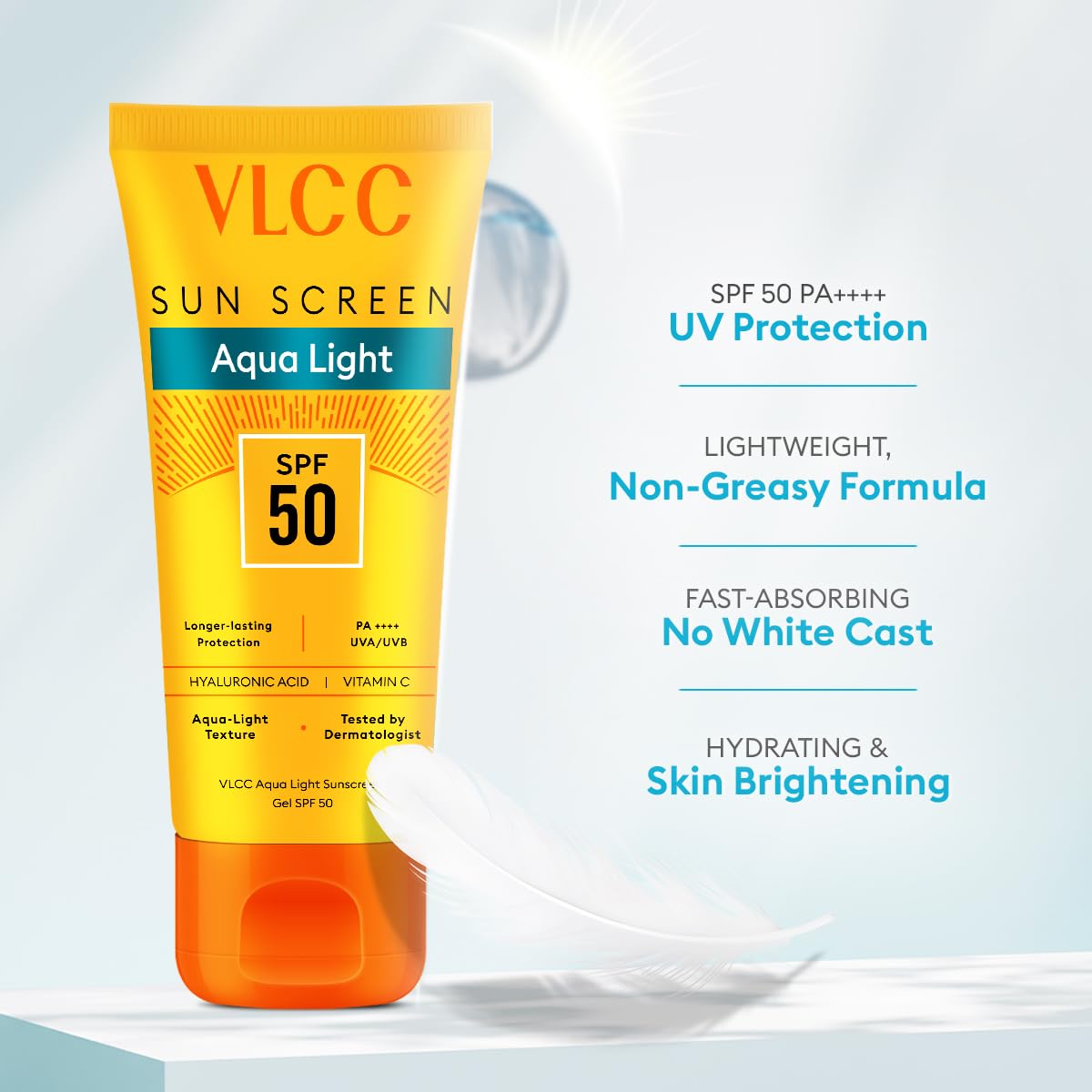 VLCC Aqua Light Sunscreen Gel SPF 50 PA+++ | Fast-Absorbing, Non-Greasy, No White Cast | Broad Spectrum UV Protection | Hyaluronic Acid & Vitamin C | Dry Touch, Lightweight, Hydrating Sunscreen - 100g