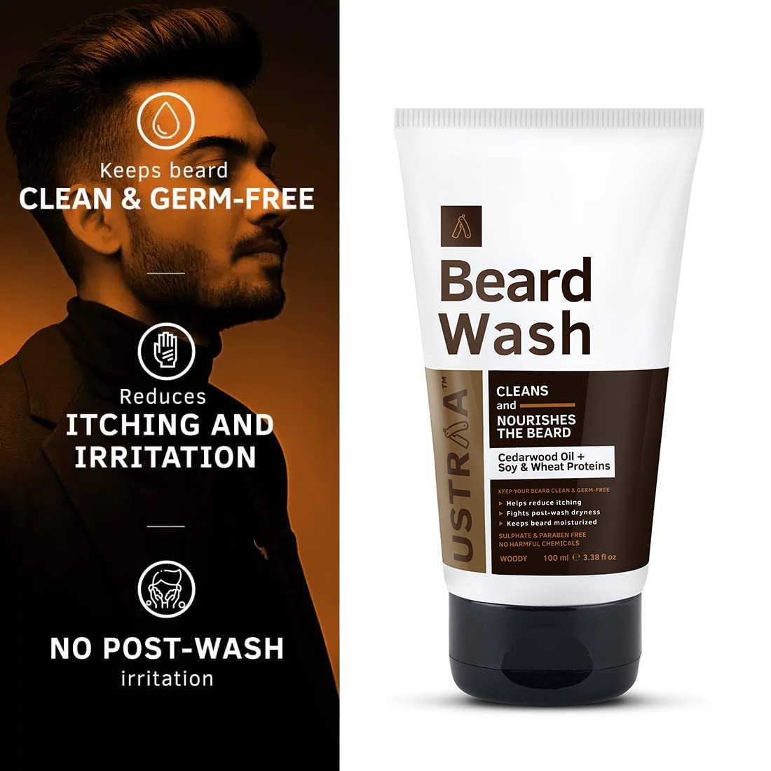 Ustraa Beard Wash Woody - 100 ml - Sulphate-free Beard Wash | Daily Use Hair Conditioner - 100gm -with Water Hyssop (Brahmi) & Vitamin E | & Hair Serum Anti-Dandruff - 200ml | with Tea Tree & Ginger