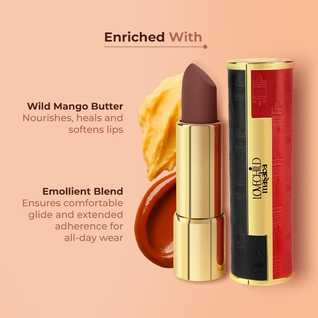 LoveChild Masaba Statement Matte Lipstick, Warm Regards (Maroon), Smooth Glide, Bold Matte Finish, Long-Lasting Lipsticks With Mango Butter Nourishing and Intense Color Payoff, Lightweight, 4g